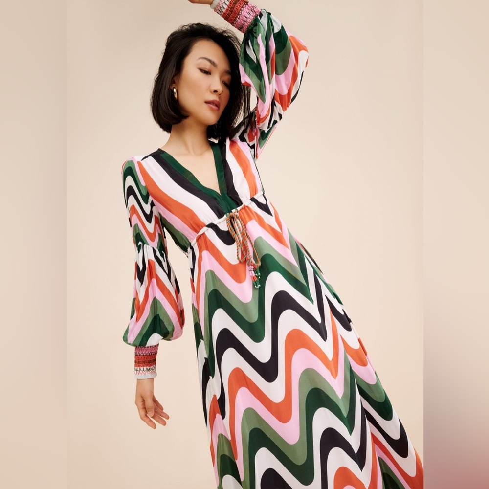 FARM Rio Multicolor Wave-Print Maxi Dress — Green, Pink, Orange, Black